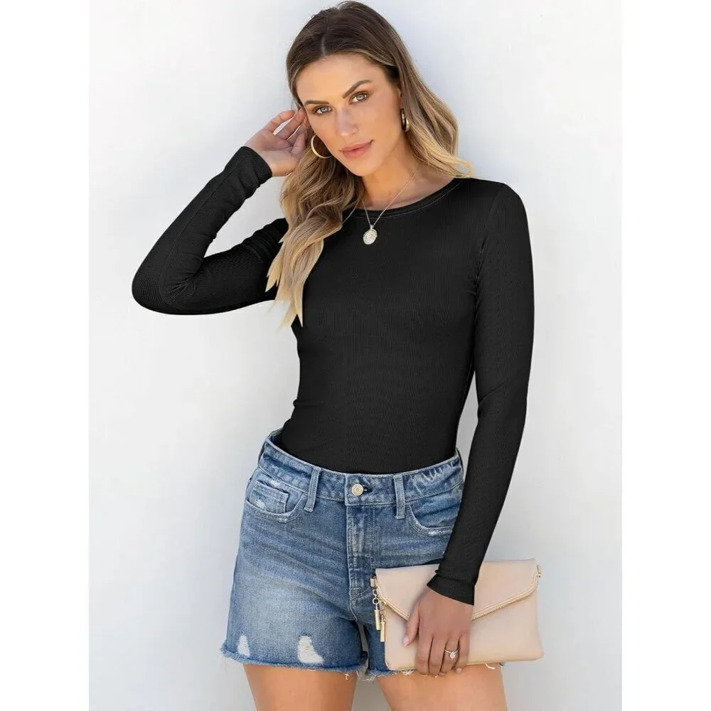 Women Long Sleeve Shirts Rib Knit Slim Fit Tops Basic Tee 2025 Fall Outfits Casu